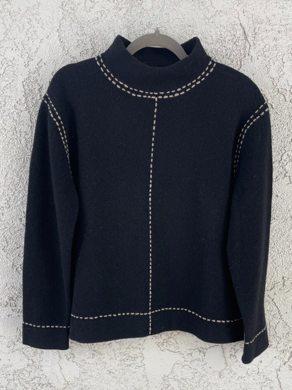 Black 100% Lambswool Sweater XL NWT Mock Neck In Stitches Blanket Stitch Cozy